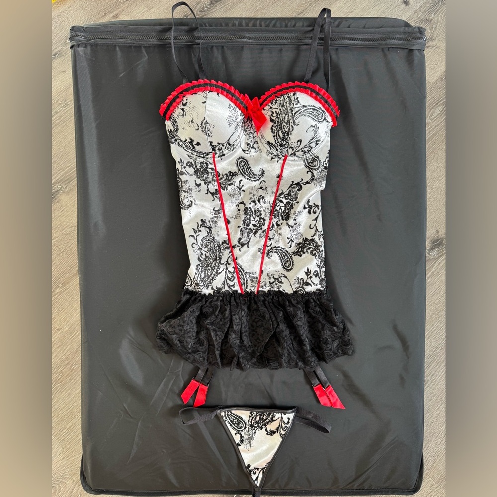 Elegant Velvet Black and White Bustier Lingerie Set with Red Accents